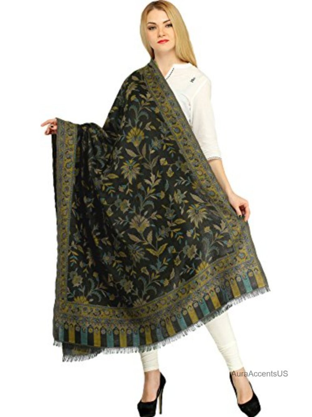 Reversible Jamawar Acrylic Shawl Woven Floral Wrap